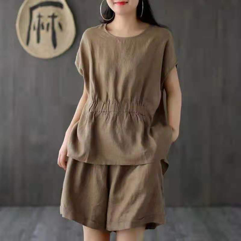 bellylady 2pcs/set Women Cotton Linen Short Sleeve T-shirt +short Pants Classic Round Neck Solid Color Loose Elastic Waist Casual Short  Sets. 
