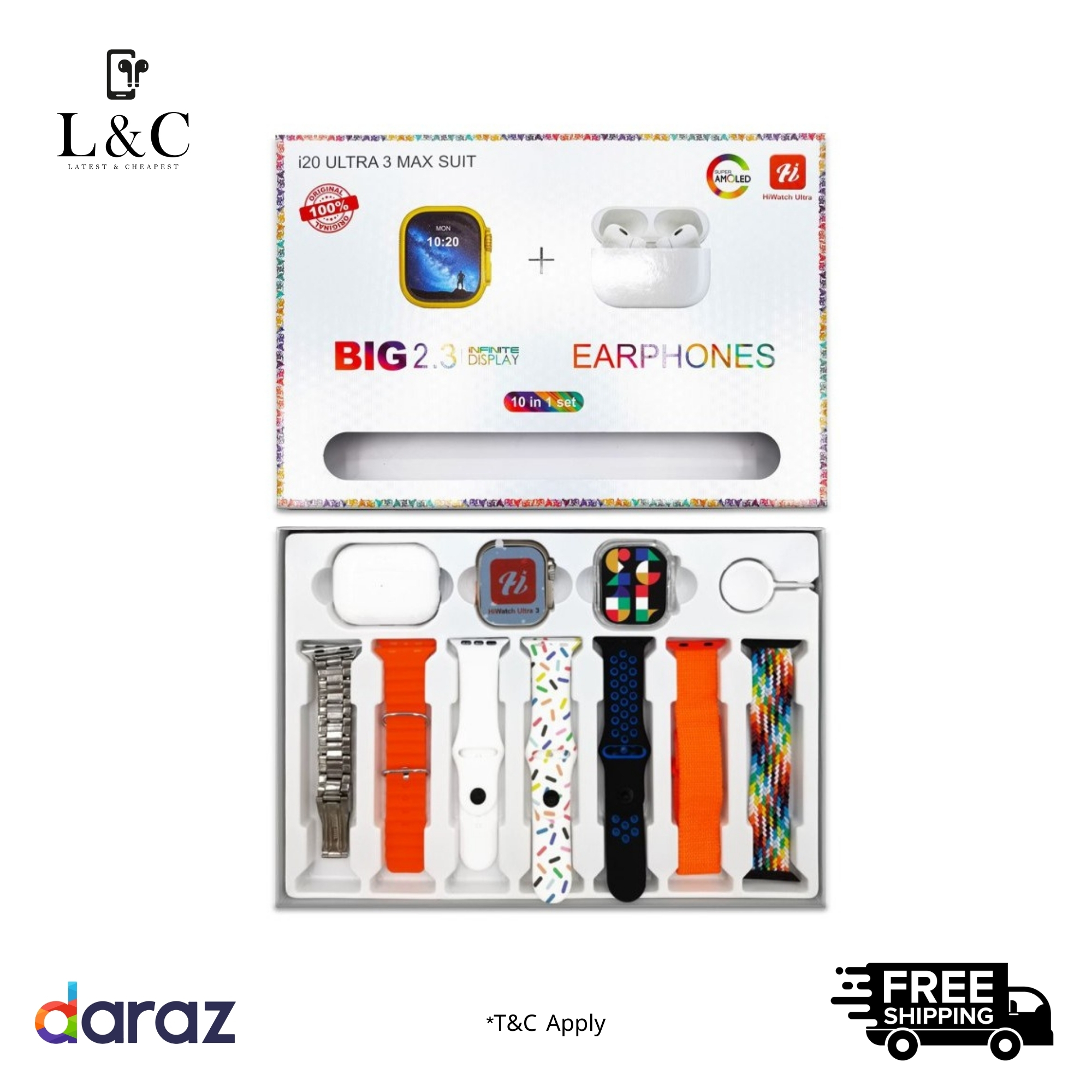 Hiwatch i20 Ultra 2 , 3 MAX Suit SmartWatch + Airpods Pro with Transparent Screen Guard Watch with Seven Decorated Straps. 