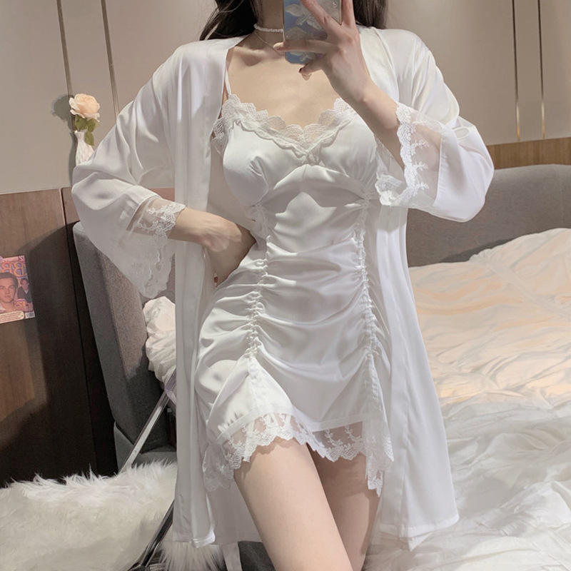SYQ Xia Chun's Pajamas Women's Lace Sling Nightgown Nightgown Two-Piece Home Clothes With Chest Pad. 
