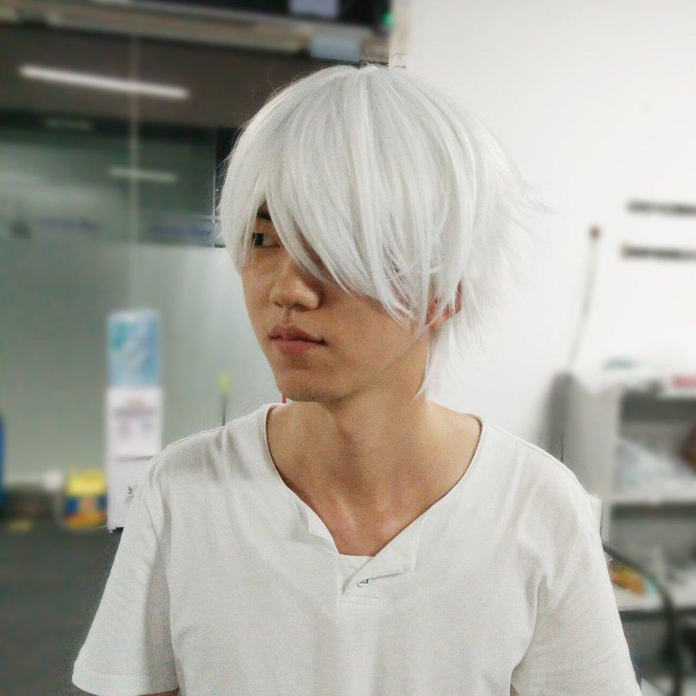 【KAMDSS015】 (New) Men's White Hair Cover, Suitable for Role Playing Character Straight Tube Short Synthetic Hair Cover. 
