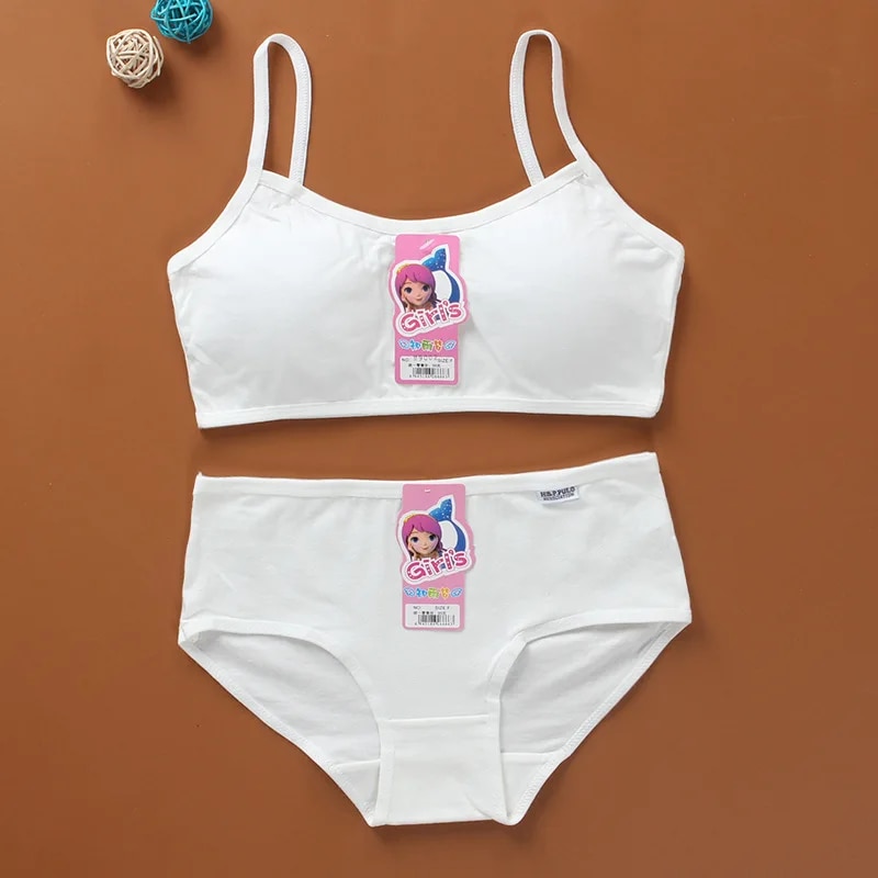 Puberty Girls Bra And Panty Sets Teenage Girls Cotton Padded Training Bra+Panties Kids Sports Bra. 