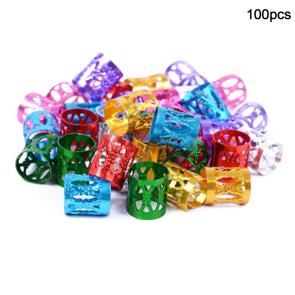 100pcs Mixed Beads Adjustable Hair Braids Dreadlock Beads Adjustable Hair Braid Rings Cuff Clips Tubes DIY Hair Accessories. 