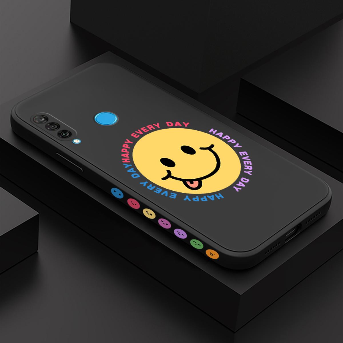 Hontinga for Huawei P30 Lite Case Side Design Cartoon Smile Emoticon Back Cover Soft Square Edge Pattern Liquid Silicone Phone Cases