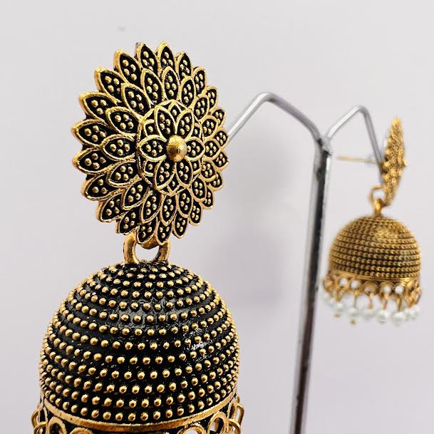 ESH Black gold flower theme Fashion Bollywood Traditional Indian beautiful jimmiki earring with white pearl beaded for women and girl. 