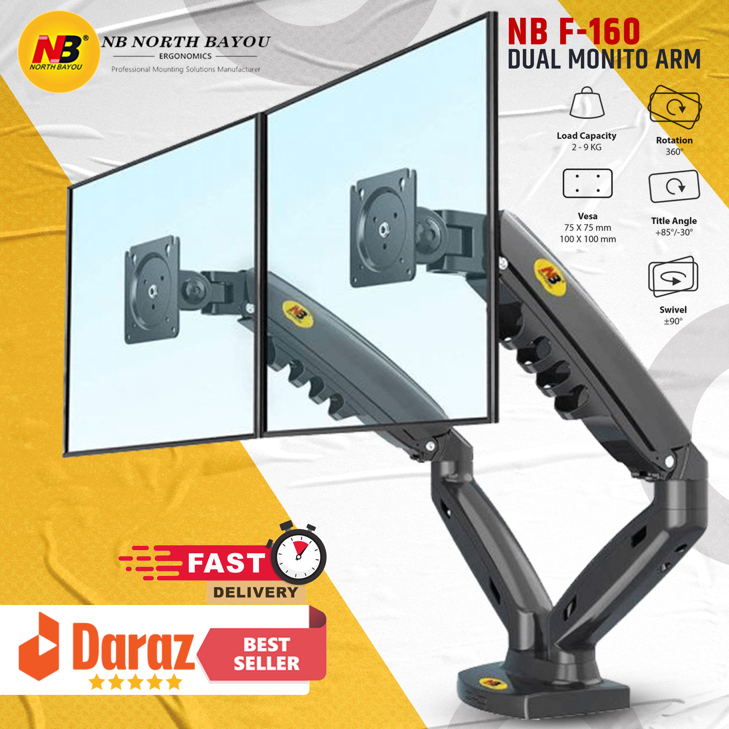 NB F160 Dual Monitor Arm Gas Spring 360 Degree Desktop 17"-30" Ergonomic Dual Arm Monitor Mount Bracket. 