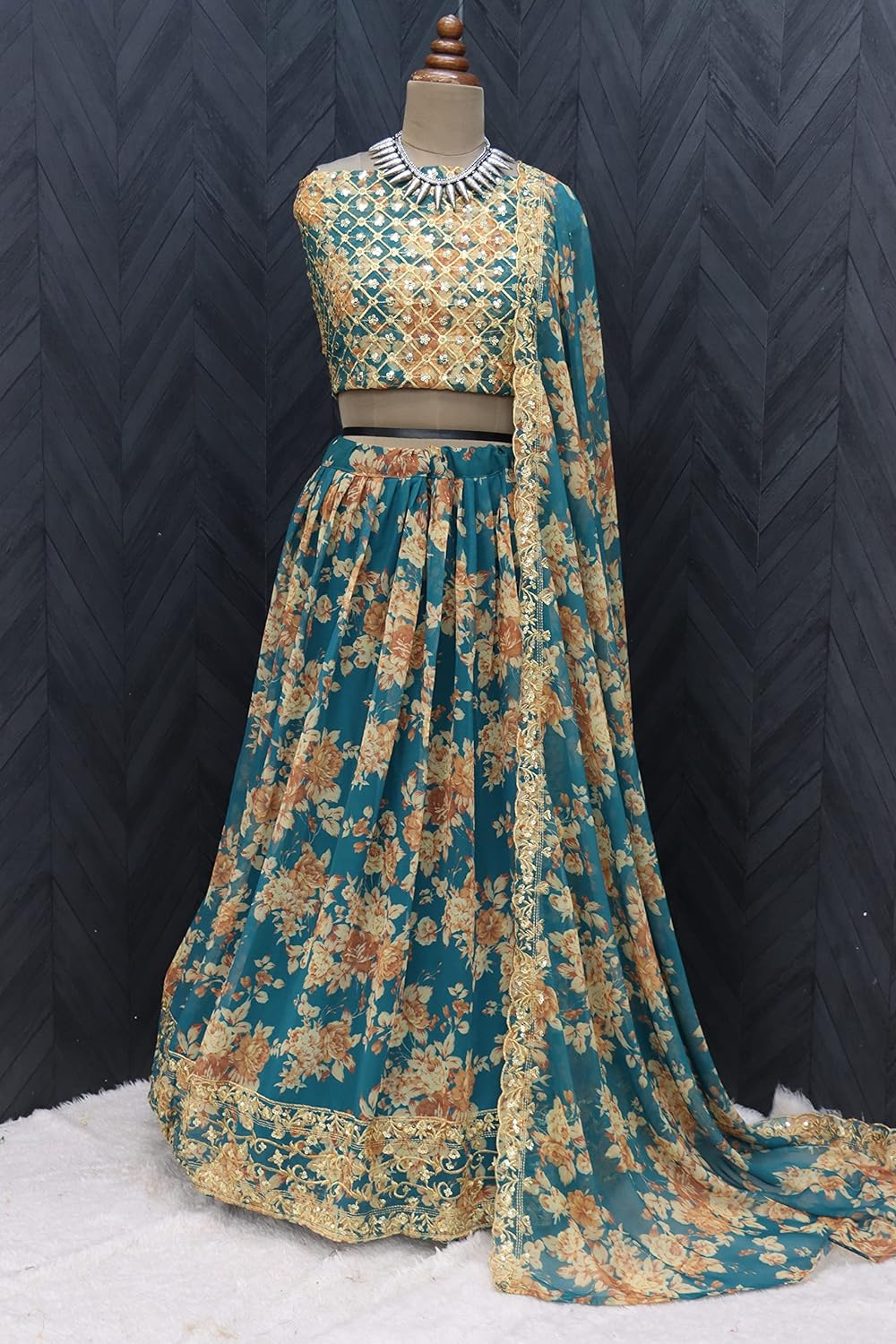 Ethnic Yard Women's Gerogette Semi Stitched Firoji Lehenga Choli(FROM INDIA)NUZ. 