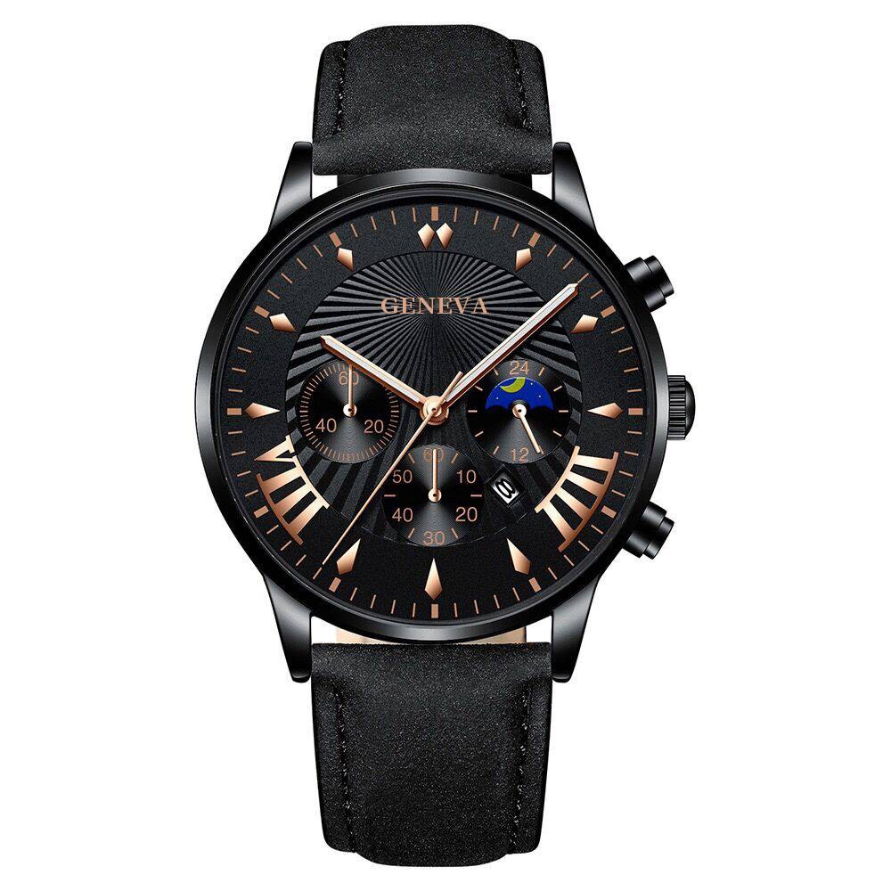 Enacolor 2Pcs/Set Simple Male Leather Bracelets Quartz Watch Set Fashion Casual Accessories Men Gift. 