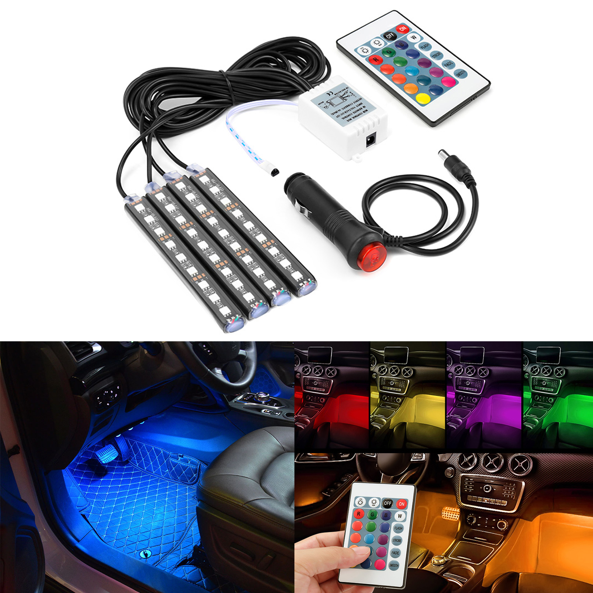 4pcs 12v Car RGB LED Strip Light LED Strip Lights Colors Car Styling Decorative Atmosphere Lamps Car Interior Light With Remote. 