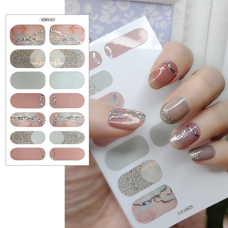【Happy childhood memories】Nude nail art stickers 14 tips full nails diamond glitter gems lines flakes gradient transparent nail paper