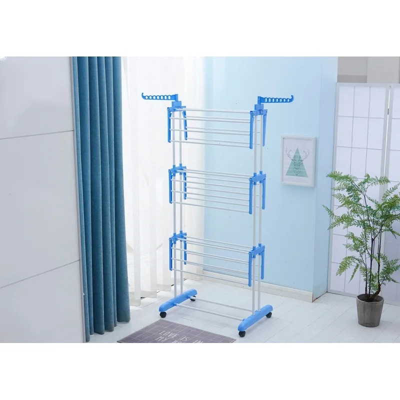 Three Layers Clothes RackCloth Drier Rack Clothes Drying Rack,4-Tier Foldable Clothes Hanger Adjustable Large Stainless Steel Garment Laundry Racks for Indoor Outdoor. 