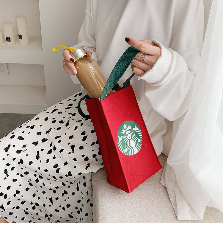 【ZOSR】Starbuck Canvas Bag Tote Bags Carrier Tumbler Bag Cup Holder Mother Student Handbag (25cm X 13cm X 9cm). 