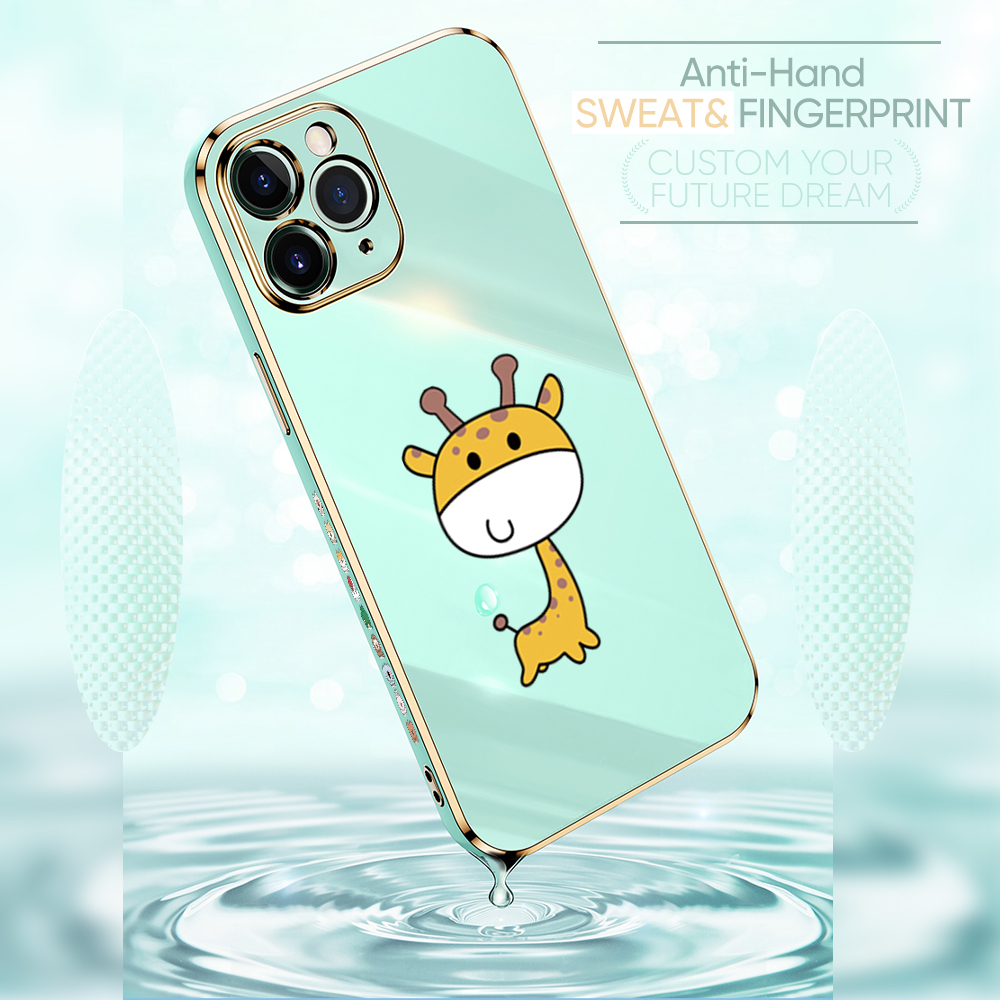 Jizetin (Free Lanyard) iPhone 8 Case Cute Cartoon Big Head Giraffe Luxury 6D Plating Soft Casing Silicone Ultra Thin Phone Cover. 