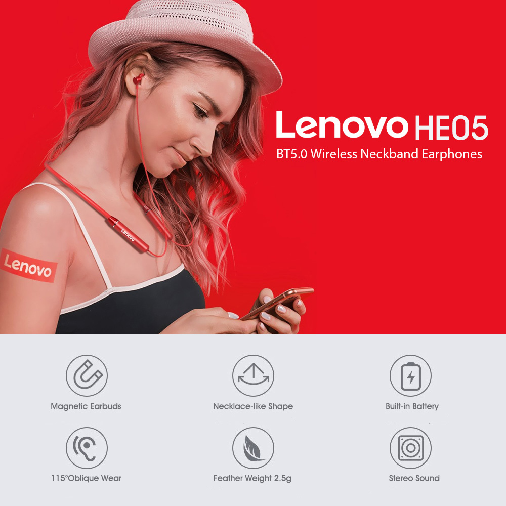Lenovo HE05 Bluetooth Earphone IPX5 Waterproof Sport Headset Magnetic Neckband Wireless Headphone With Mic for iPhone Android. 