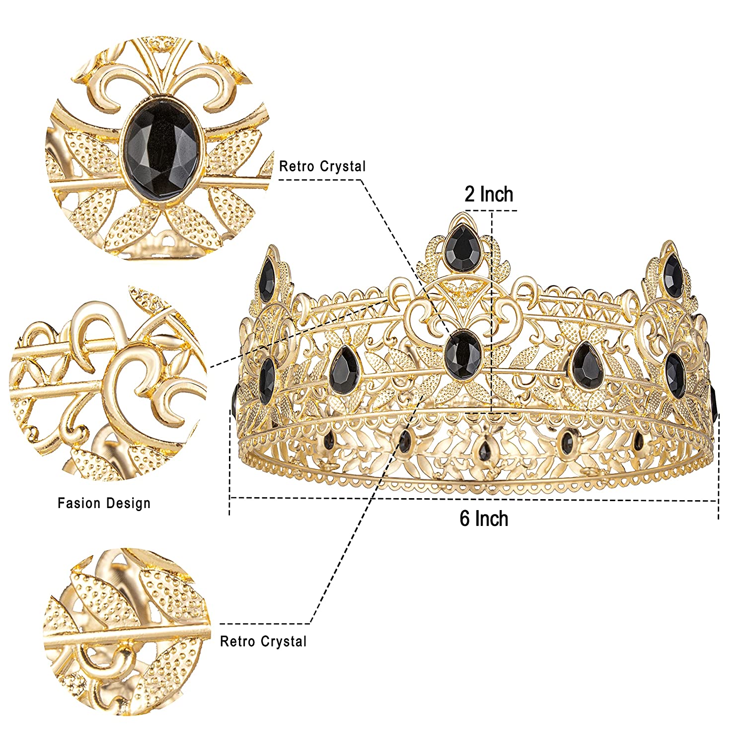 King Crown for Men, Birthday Crowns for Men Boys Vintage Royal Crown with Black Rhinestone,. 