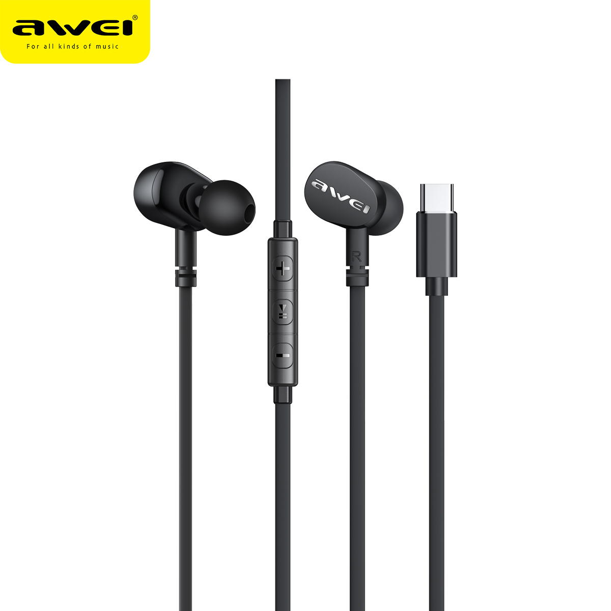 Awei TC-7 Wired Earphone In-ear Type-C Headset For Phone Stereo USB C Plug Bass Sport Earbuds With Microphone Control 1.2m. 
