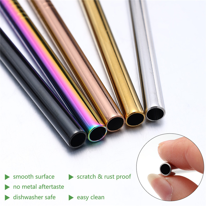 Reusable 304 Stainless Steel Straws Straight Bent Metal Drinking Straw with Cleaning Brush Set Party Bar Accessories. 