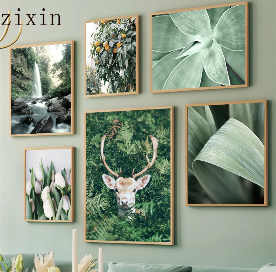 White Tulips Deer Forest Waterfall Poster Nature LandscapeCanvas Painting Green Leaf Home Interior Decor Orange Picture Prints. 