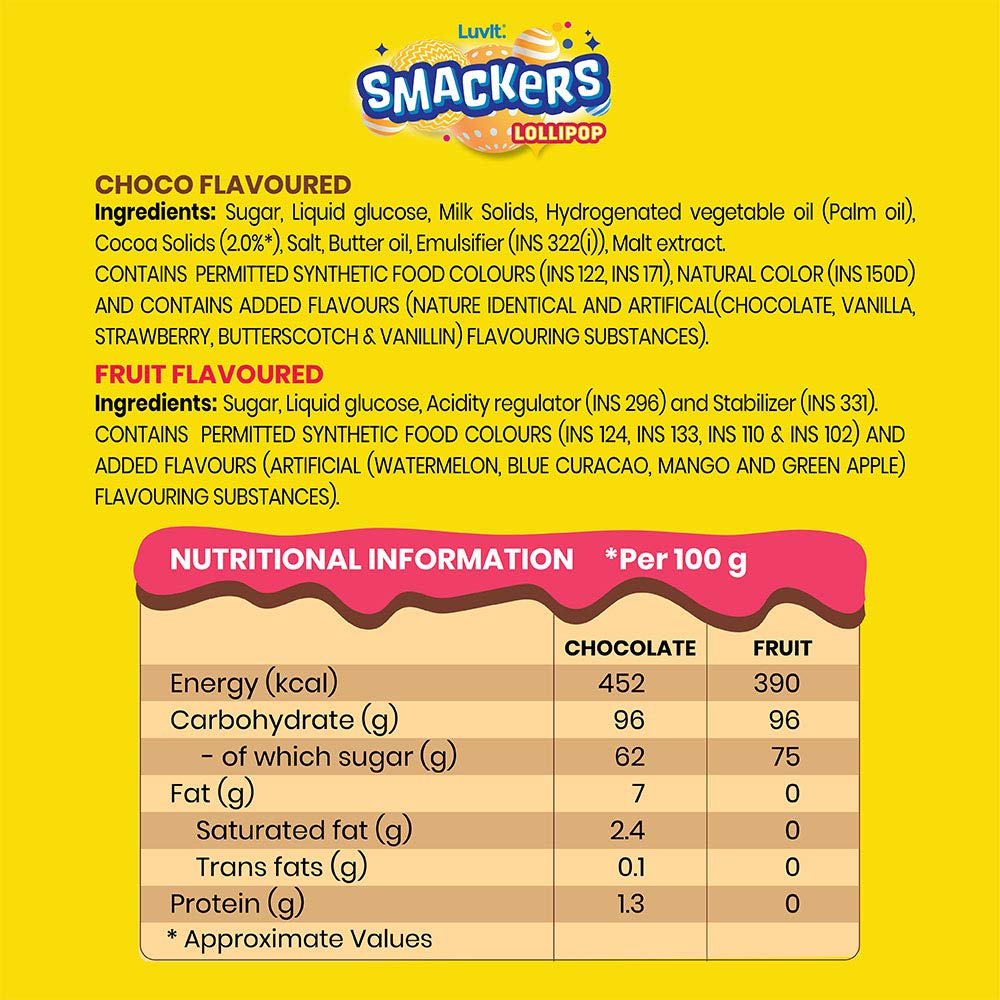 LuvIt. Smackers Chocolate and Fruit Flavoured Lollipops | Combo Pack - 48 Lollipops | Pack of 6-96g Each (FROM INDIA) SAB. 