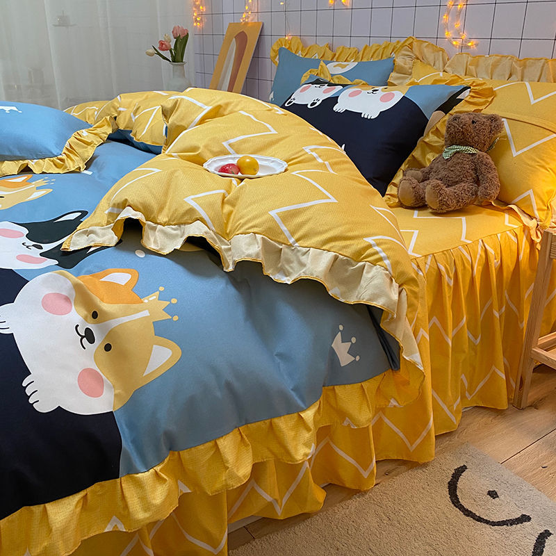 Korean Bed Four-Piece Set Spring and Summer Bedding Princess Style Floral Duvet Cover Bed Sheet Student Dormitory Bed Skirt Three-Piece Set. 