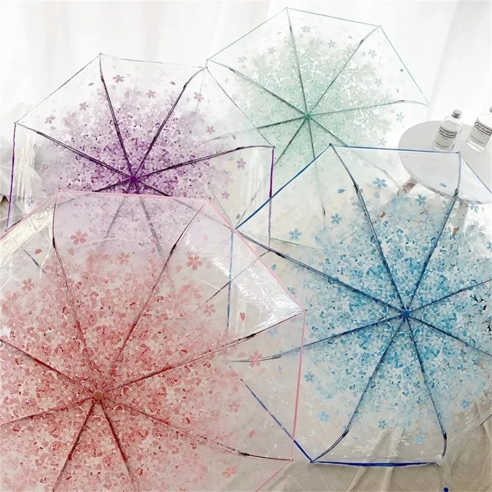 Korean Umbrella Folding Cute Korean Mini Fresh Simple Sen Series Trifold Cherry Blossom Transparent Japanese Umbrella. 