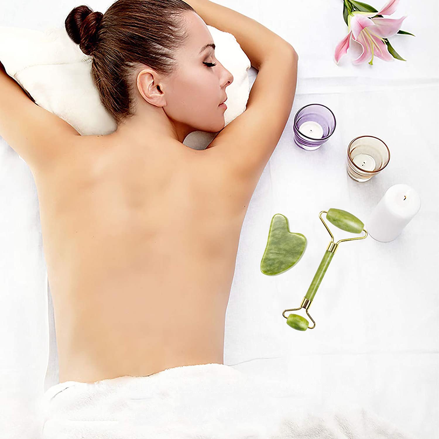 Gua Sha and Jade Roller Gift Set Green Gua Sha Facial Massage Tool for Face Neck and Eye Treatment Korean Facial Roller for Skin Care Routine. 