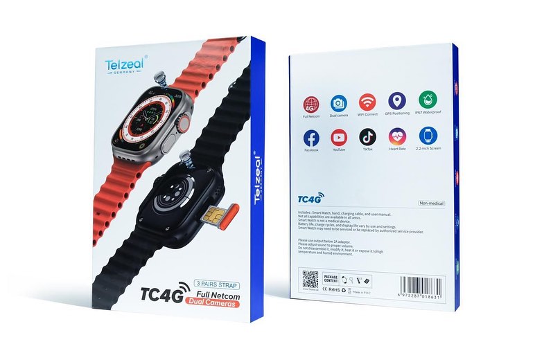 Telzeal TC4G Sim Smart Watch 2.2 Inch Screen Dual Cam IP67 Waterproof 2023 Best SmartWatch. 