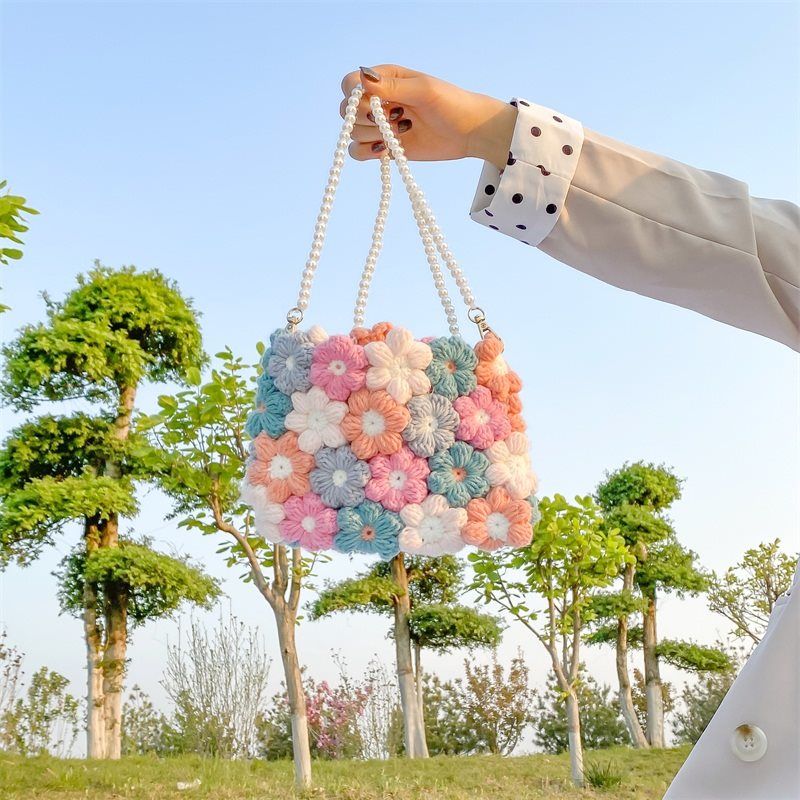 Puff Flower Bag HandmadediyMaterial Package Xiaohongshu Internet Celebrity Same Wool Crochet Homemade Messenger Bag. 