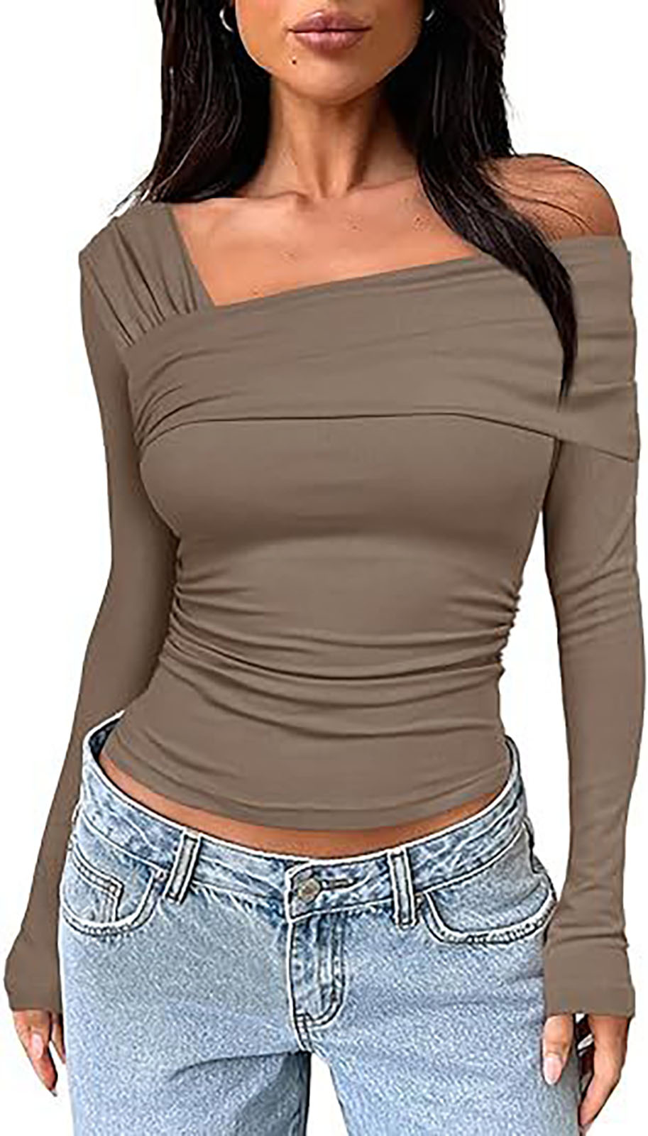 Yfashion Women's Casual Tops One Off Shoulder Long Sleeve Top Ruched Slim Fit Shirt Crop Top Fashion Trendy Tee Shirt. 