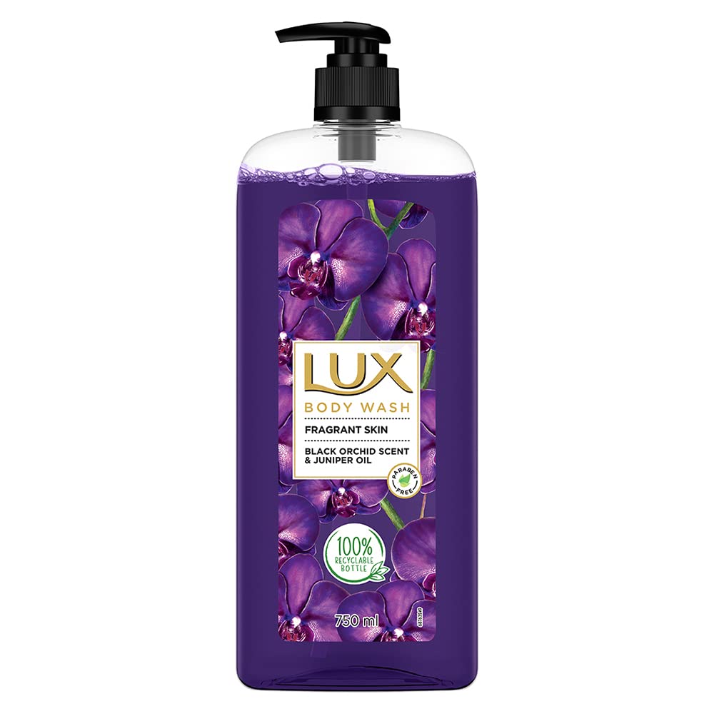 Lux Body Wash Fragrant Skin Black Orchid Scent & Juniper Oil SuperSaver XL Pump Bottle with Long Lasting Fragrance, Glycerine, Paraben Free, Extra Foam, 750 ml SAM