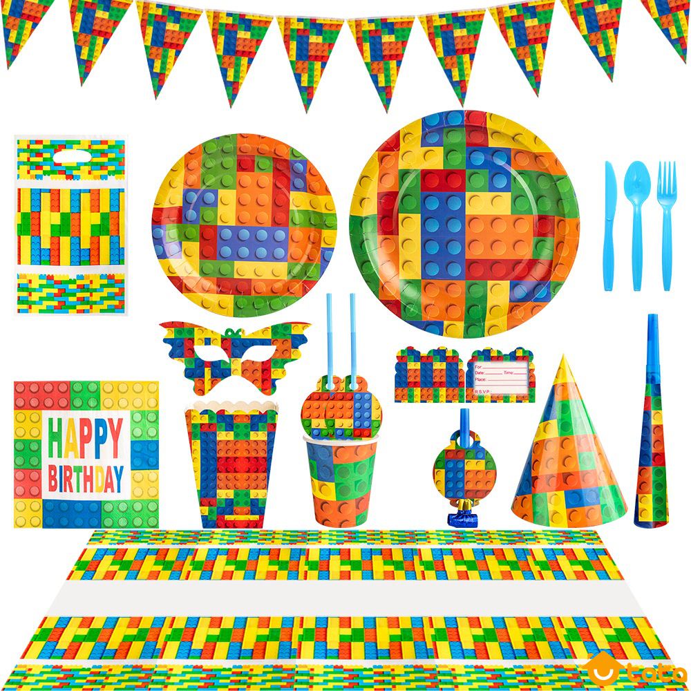 Building block theme LEGO birthday party decoration paper tray cup napkin tablecloth disposable tableware party supplies