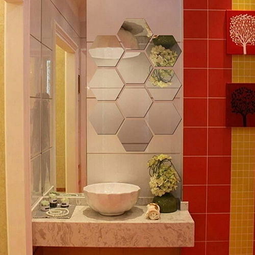 【BestGO】12pcs 3D Mirror Hexagon  Sticker Dinding Model Vinyl Removable Wall Sticker Decal Home Living Room Decor. 