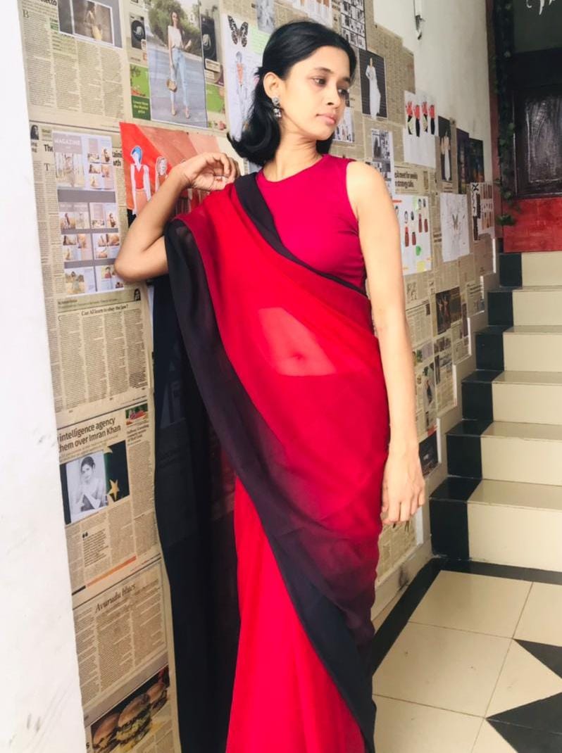 Red O Neck Sleeveless Crop Top Saree Jacket For Women