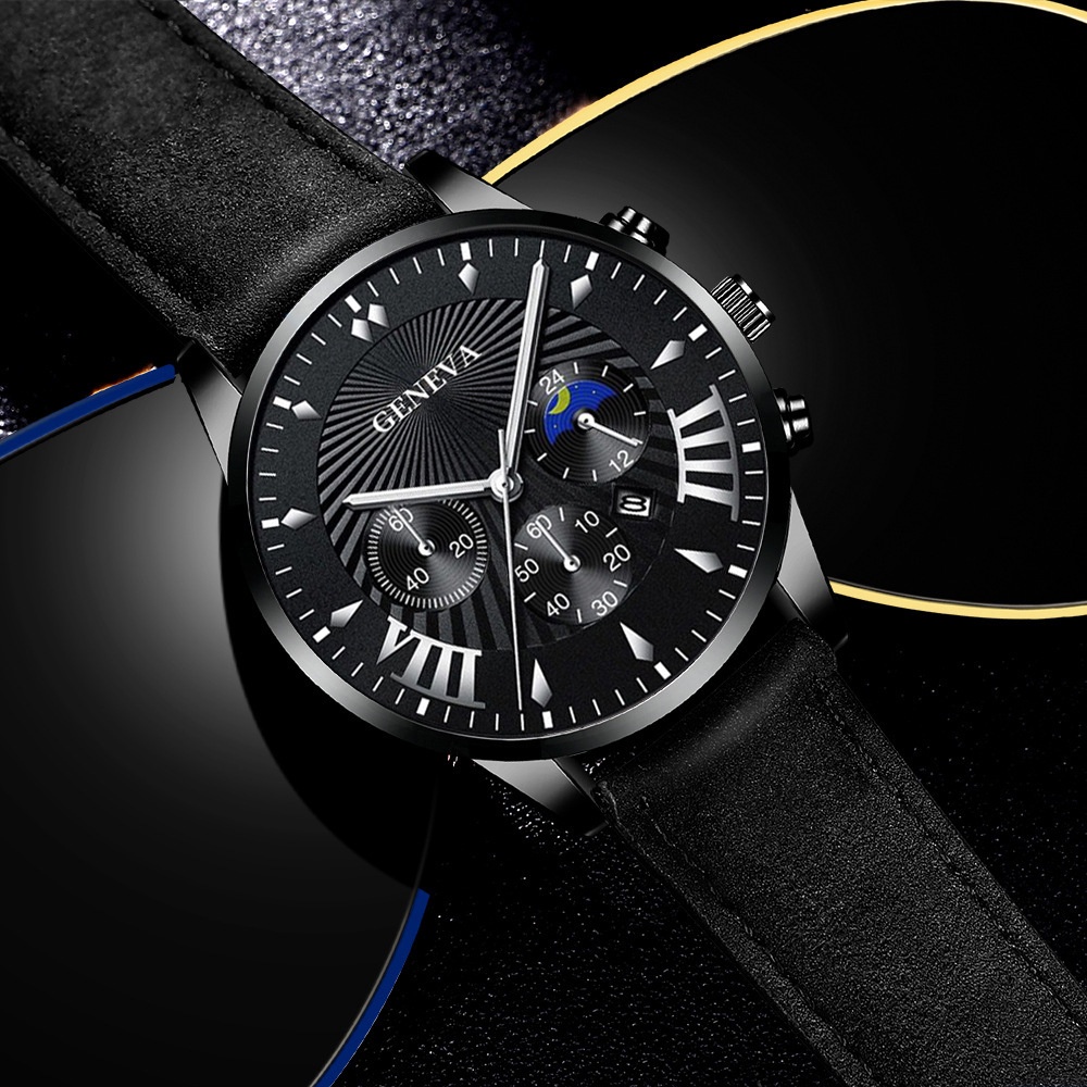 Enacolor 2Pcs/Set Simple Male Leather Bracelets Quartz Watch Set Fashion Casual Accessories Men Gift. 