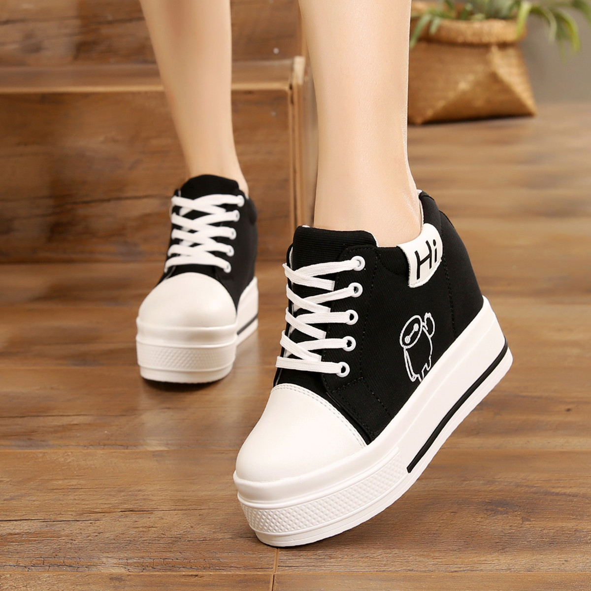 White Shoes Korean Style Platform Platform All Matching Shoes Height Increasing Insole Canvas Women s Shoes Wedge Lace up Student Leisure Cloth Shoes Daraz.lk