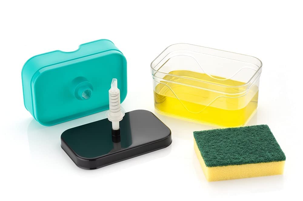 Soap Dispenser and Sponge Holder for Kitchen Sink, Sponge Included, 13 Ounces, Metallic Silver. 