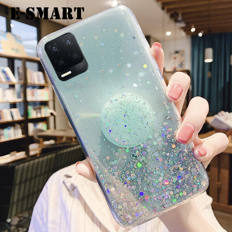 Phone case OPPO A54 Back cover Shiny Ring Glitter Soft Transparent Holder Stand Back cover with String Glitter Space Stars Moon OPPO A54 case. 