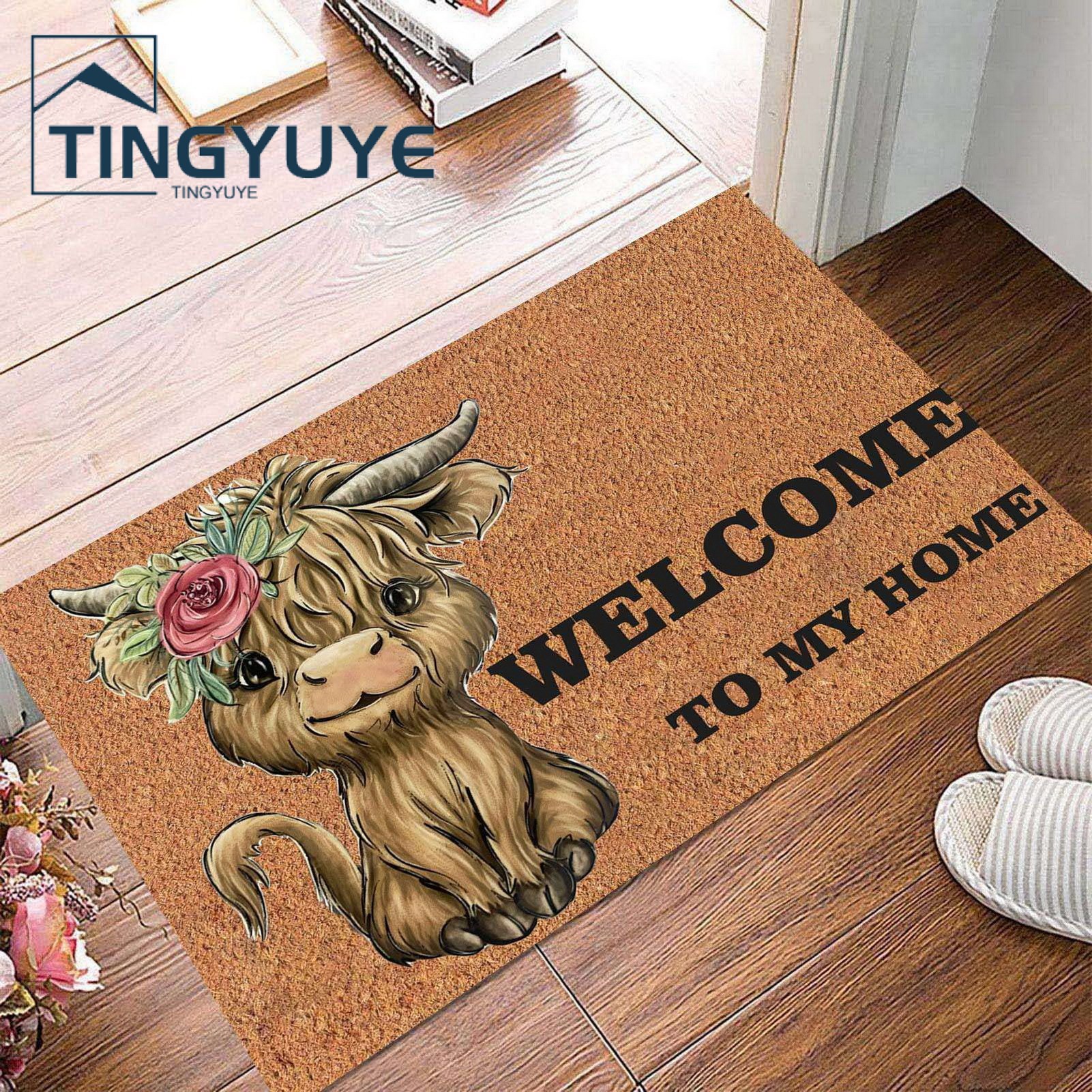 Door Mat Non-Slip Dirt-resistant Decorative Polyester Highland Cow Entrance Door Rug Bedroom Supply. 