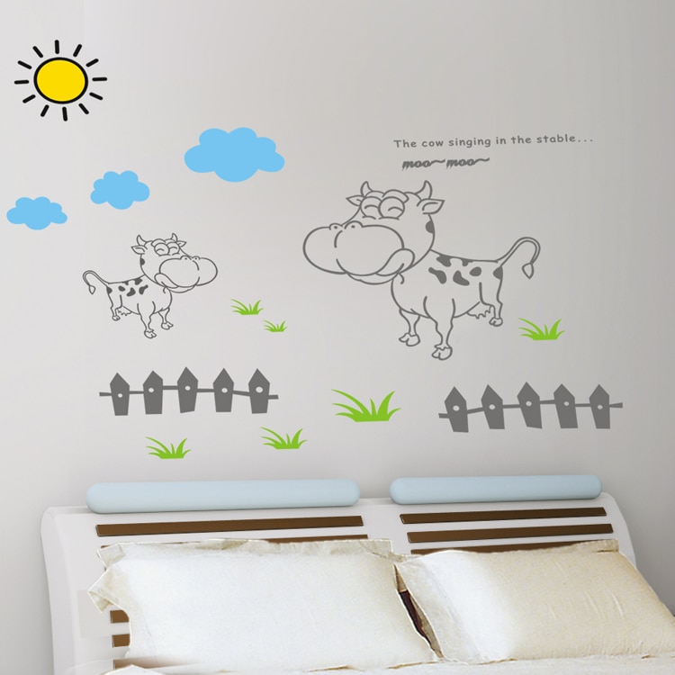 【IKE】autocollant mural cow pasture cartoon images children decorative sticker on the wall Wall decor  wall stickers for kids rooms. 