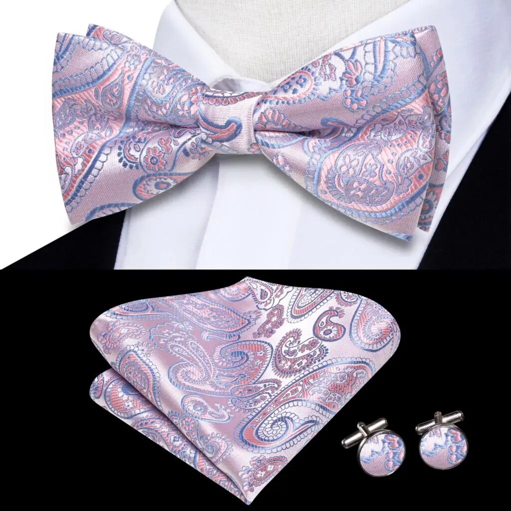 Peach Pink Salmon Rose Silk Mens Bow Tie Pocket Square Cufflinks Set
