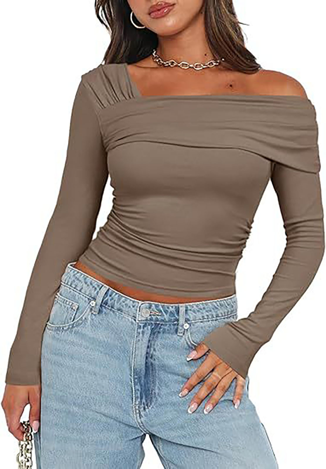 Yfashion Women's Casual Tops One Off Shoulder Long Sleeve Top Ruched Slim Fit Shirt Crop Top Fashion Trendy Tee Shirt. 
