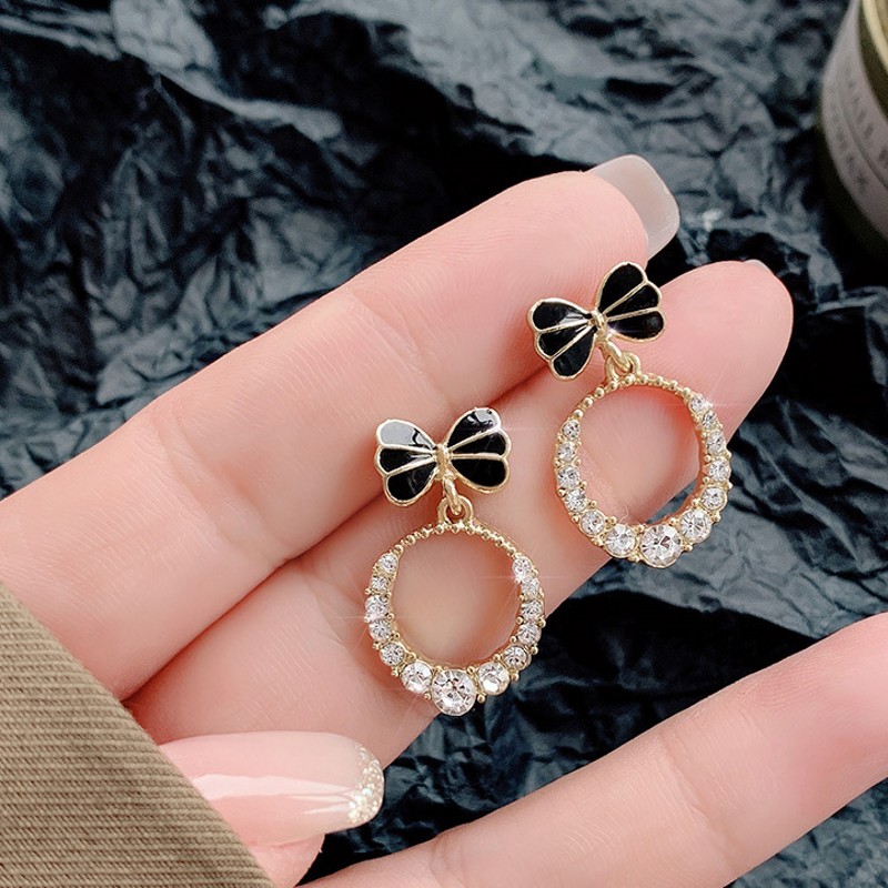 1Pair Korean Style Bow Zircon Round Simple Stud Earrings For Girls Women Jewellery Gift