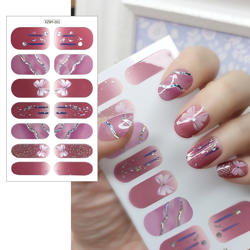 【Happy childhood memories】Nude nail art stickers 14 tips full nails diamond glitter gems lines flakes gradient transparent nail paper. 