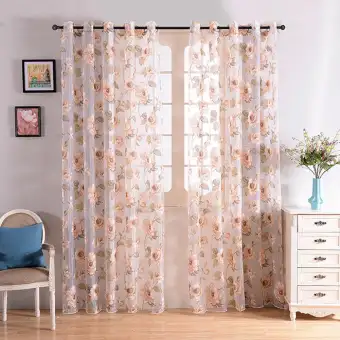 Uebfashion Ink Camellia Tulle Curtains Printing Floral Sheer