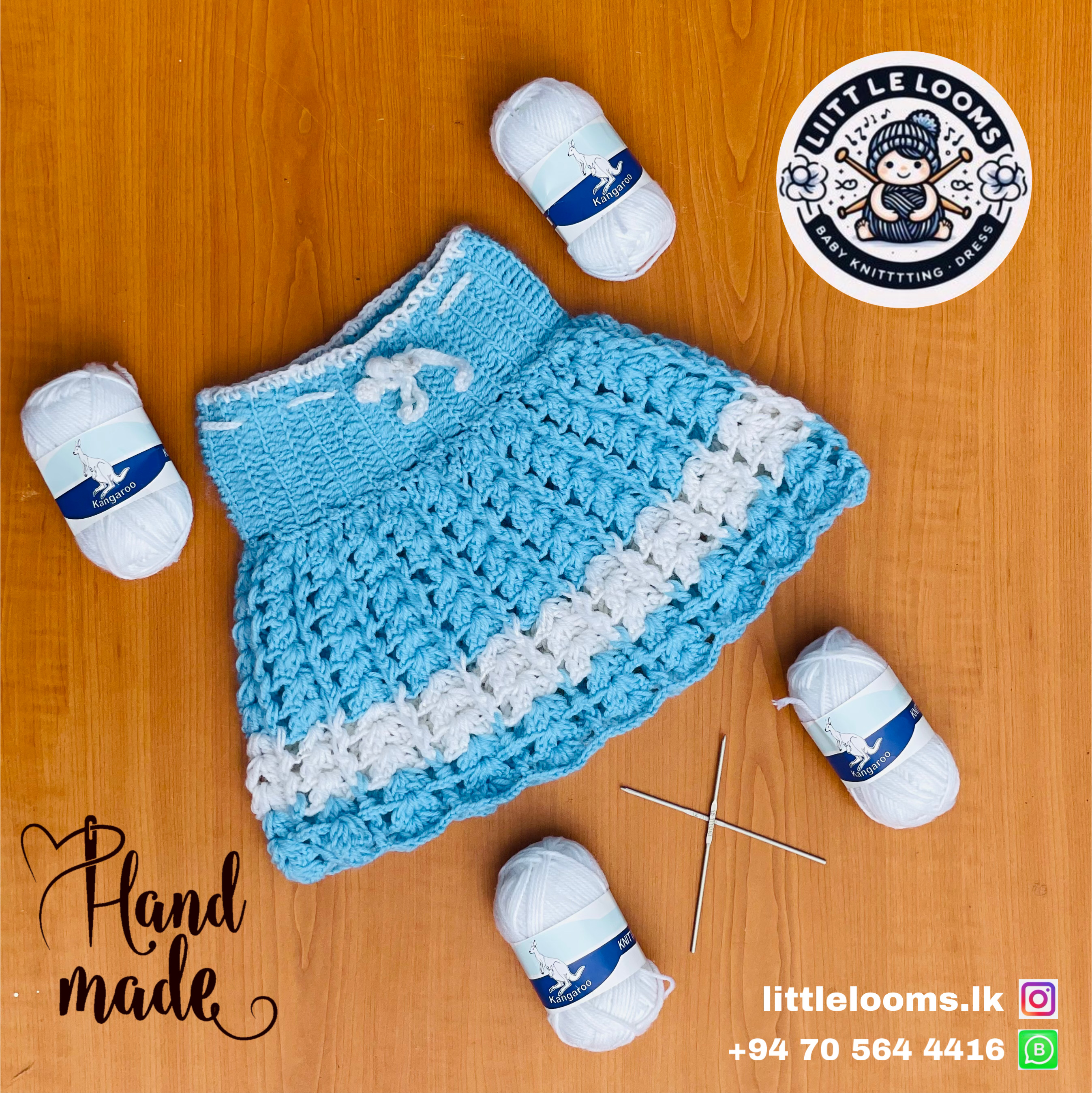 CROCHET BABY GIRL DRESS LIGHT BLUE AND WHITE SKIRT AND BLOUSE FOR 3-6 MONTH BABY. 