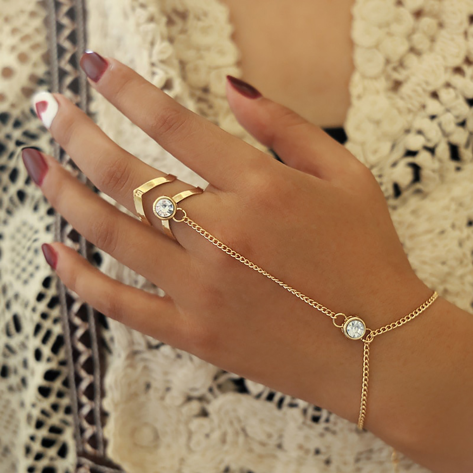 Lady Hand Chain Ring Solid Color 