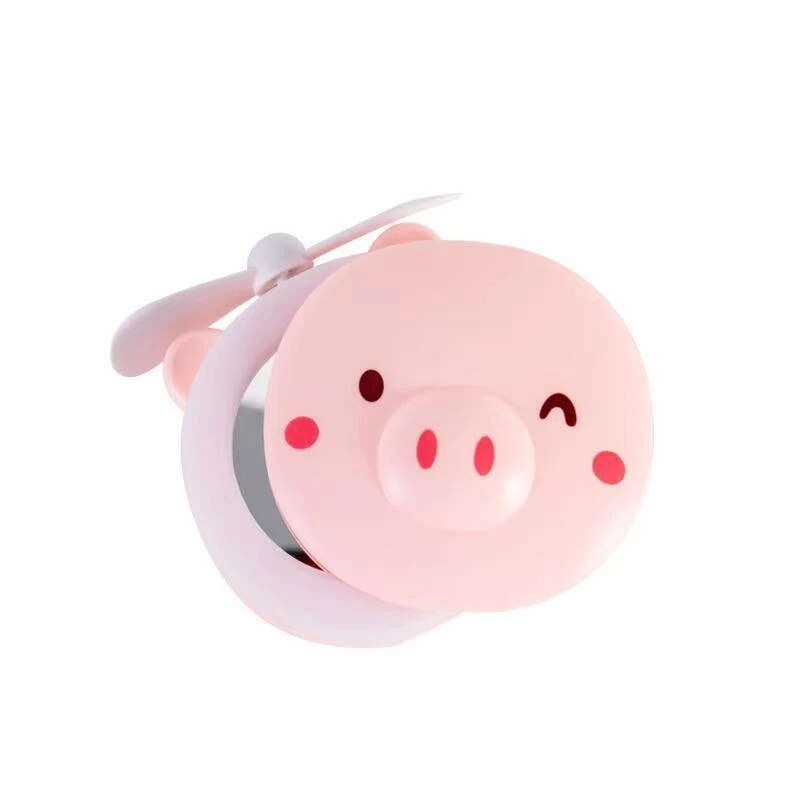 Cute Pig Mini Fan Handheld Portable Pocket Outdoor Creative Makeup Mirror with LED Light USB Charging. 