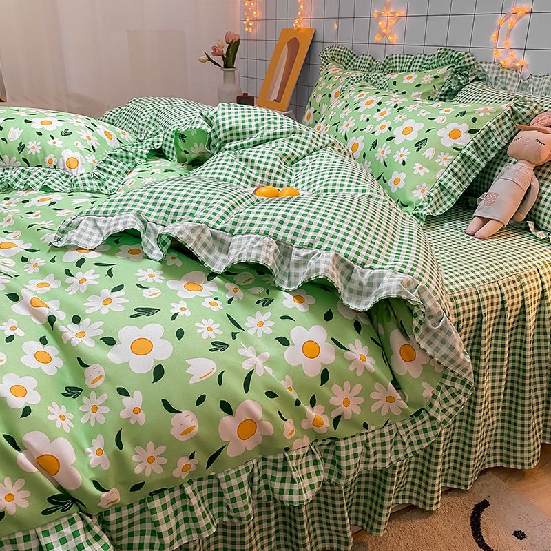 Korean Bed Four-Piece Set Spring and Summer Bedding Princess Style Floral Duvet Cover Bed Sheet Student Dormitory Bed Skirt Three-Piece Set. 