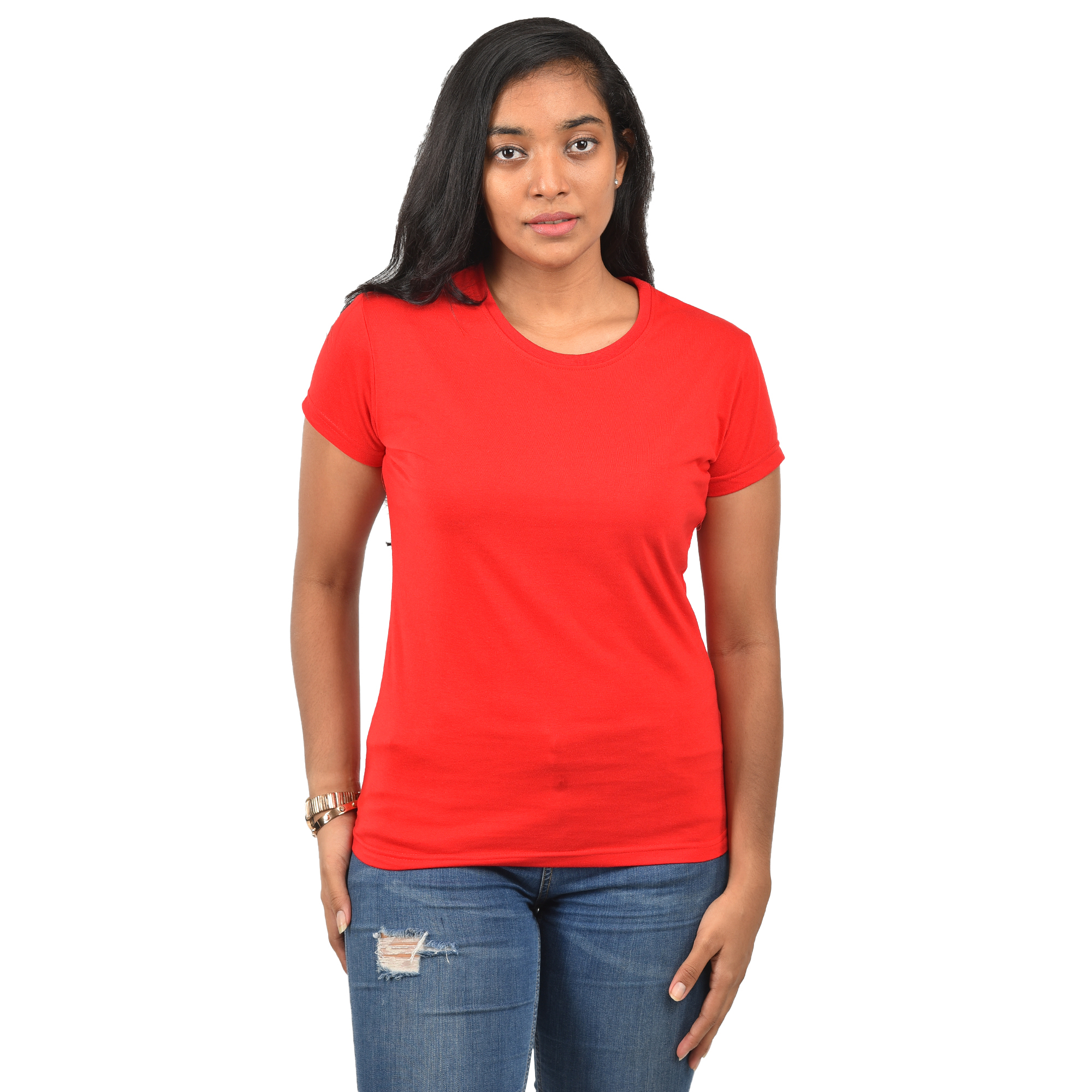 red scoop neck shirt