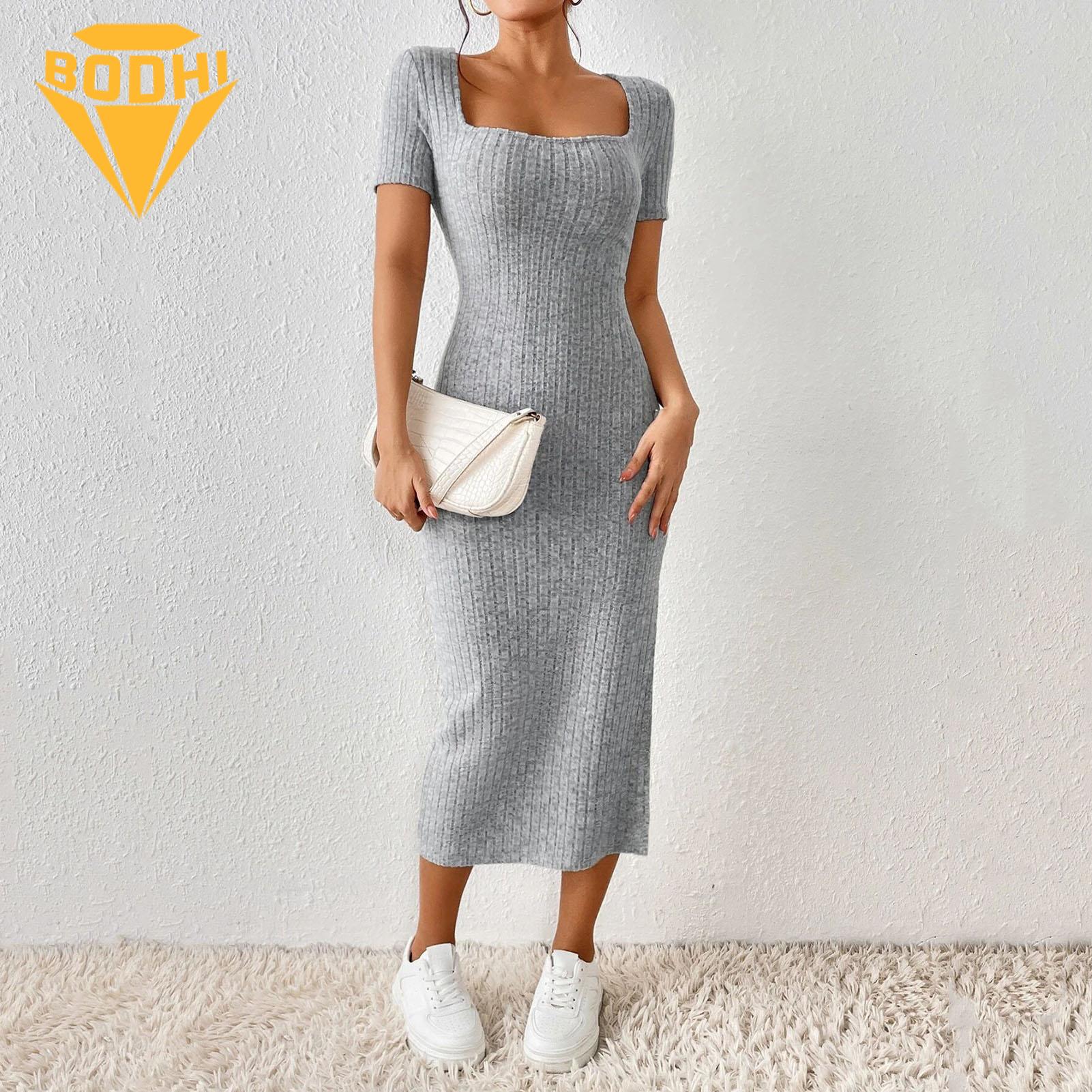 Solid Color Square Neckline Dress Square Neck Knitted Midi Dress for Women Summer Party Commute Dress Women Dress. 