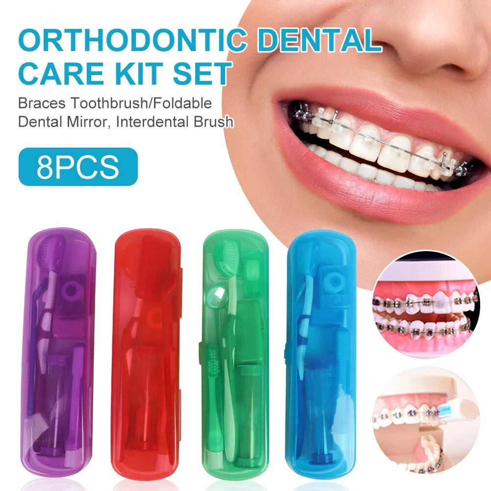 【HOT】 8Pcs Orthodontic Dental Care Kit Set Braces Toothbrush/Foldable, Dental Mirror, Interdental Brush And More With Carrying Case